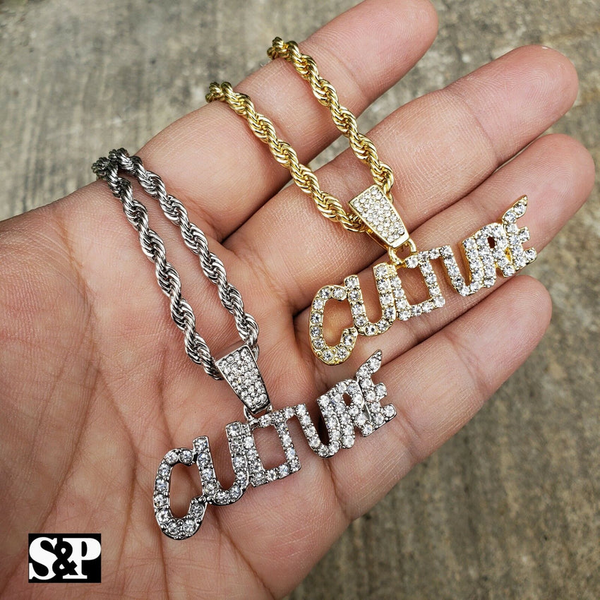 Hip Hop Iced out Lab Diamonds CULTURE Pendant & 4mm 24" Rope Chain Necklace