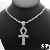 Ankh Cross Pendant & 18" Full Iced 1 Row Diamond Tennis Choker Hip Hop Chain Set