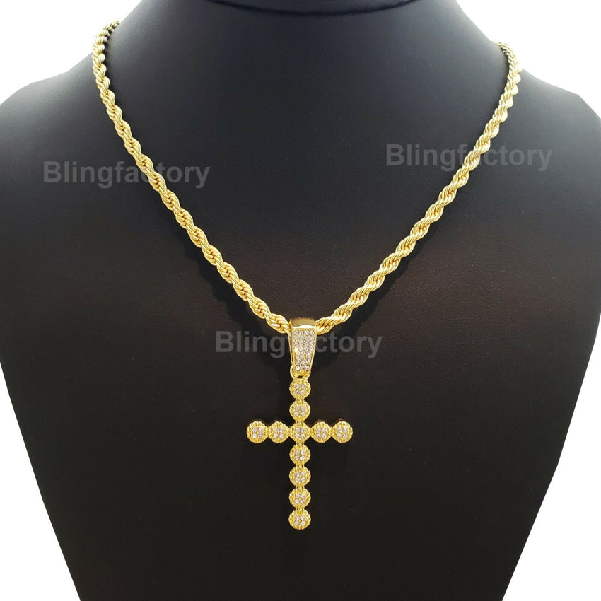 Hip Hop Iced out Bubble style Cross Pendant & 4mm 24" Rope Chain Necklace