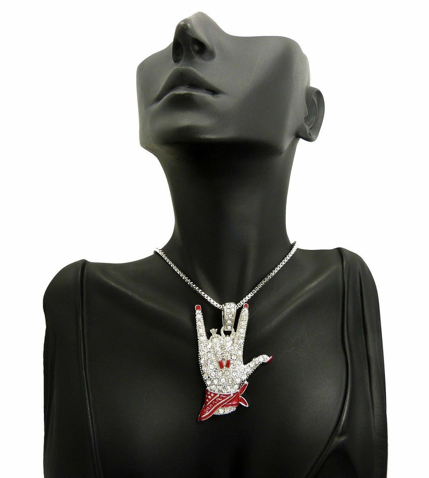 Women's Cardi B I Love You Hand Sign Pendant & 24" Box, Cuban Chain Necklace