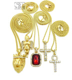 Hip Hop Iced Out Ankh, Cross, Red Ruby, Angel, Lion Head Pendant 5 Necklace Set