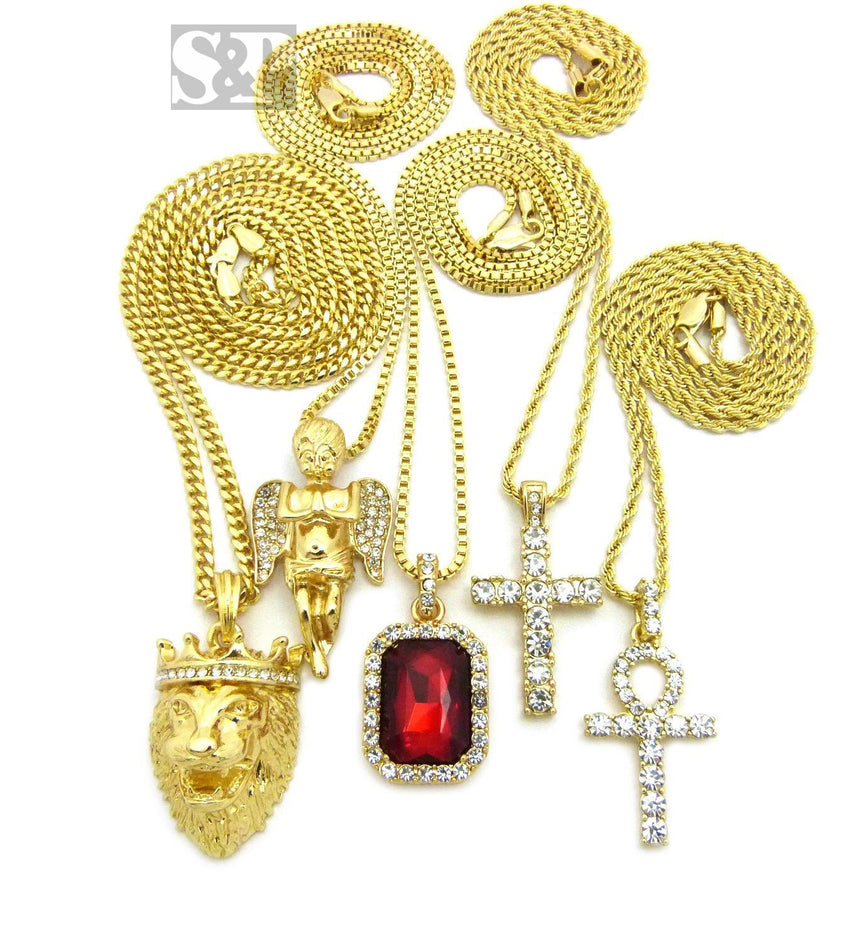 Hip Hop Iced Out Ankh, Cross, Red Ruby, Angel, Lion Head Pendant 5 Necklace Set