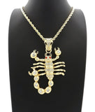 HIP HOP ICED OUT 14K GOLD PLATED SCORPION PENDANT & 4mm 24" ROPE CHAIN NECKLACE