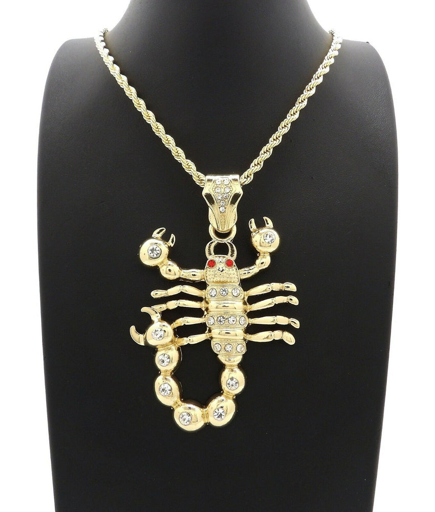 HIP HOP ICED OUT 14K GOLD PLATED SCORPION PENDANT & 4mm 24" ROPE CHAIN NECKLACE