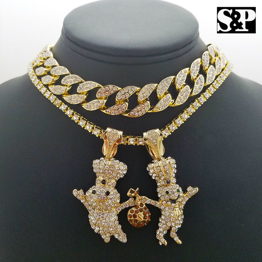 Hip Hop 2 DOUGH BOY Pendant & 18" Full Iced Cuban & 1 ROW Tennis Choker Chain Necklace set