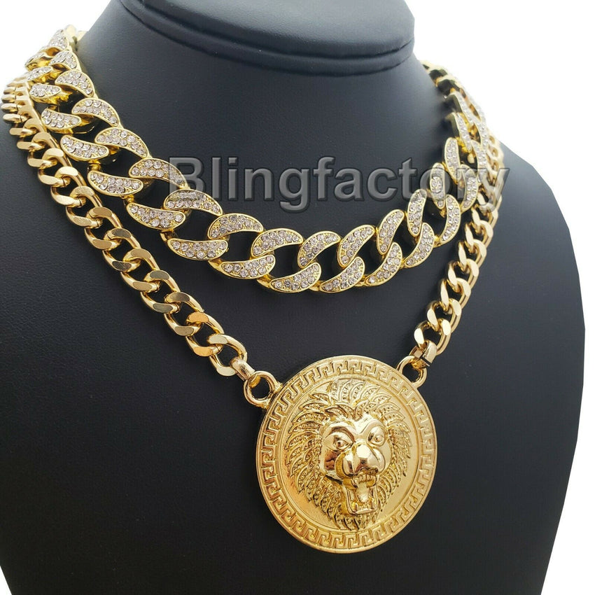 Hip Hop Gold Plated Lion Necklace & 18" Full Iced Cuban Choker Chain Necklace set