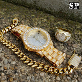 MEN HIP HOP ICED OUT LAB DIAMOND WATCH & RING & CUBAN CHAIN BRACELET COMBO SET