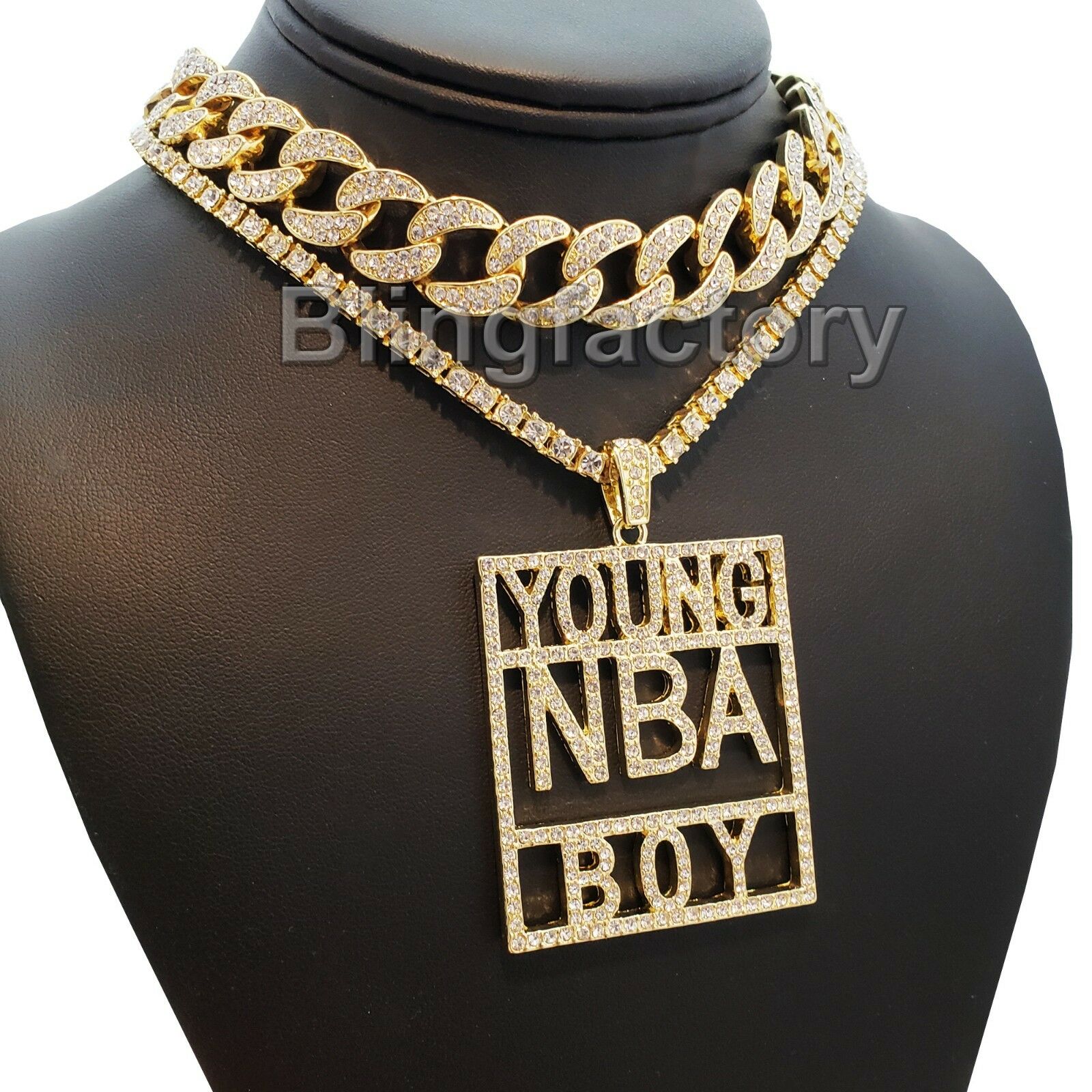 Hip Hop YOUNG NBA BOY & 18 Full Iced Cuban & 1 ROW DIAMOND Choker Cha