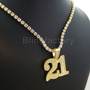 Hip Hop Iced Out SAVAGE 21 Pendant & 1 Row Diamond Tennis Chain Necklace