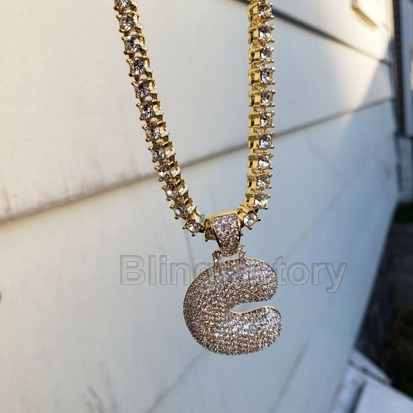 Hip Hop Bubble Letter "C" Brass Pendant & 18" 1 Row Tennis Choker Chain Necklace