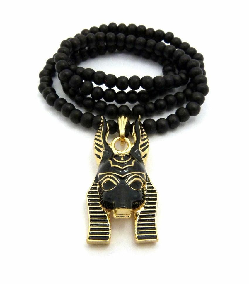 Hip Hop Egyptian God Two Tone Anubis Pendant & 6mm 30" Wooden Bead Necklace