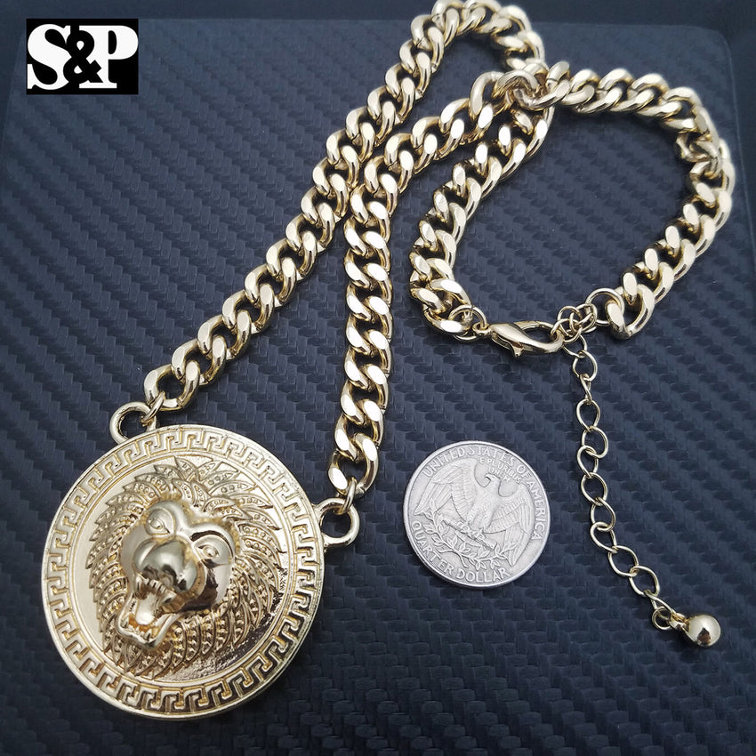 Hip Hop Gold Plated Lion Necklace & 18" Full Iced Cuban Choker Chain Necklace set
