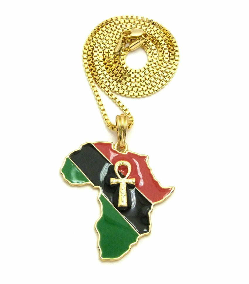 Polished Ankh in Africa Map Pendant 24" Box, Cuban, Rope Chain Hip Hop Necklace