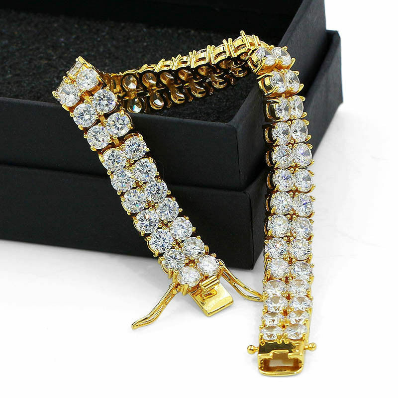 Men's Gold Plated 2 Row Link Iced Out Brass Lab Diamond Hip Hop Bracelet 8" Inch