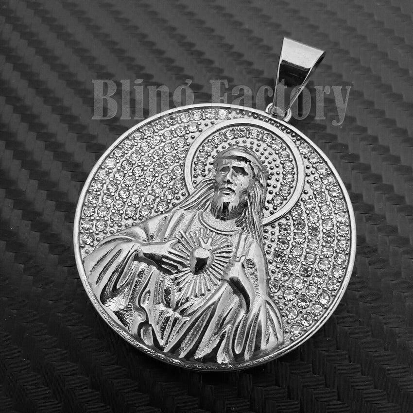 Iced out Hip Hop Stainless steel Silver Tone Holy Jesus Medal Charm Pendant