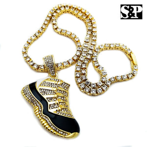 Men 14K Gold Plated Hip Hop Black Retro 11 Shoe Pendant & 1 Row 18