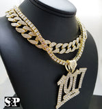 Hip Hop 1017 Pendant w/ 18" 1 ROW DIAMOND Choker Chain Set & 16" Full Iced Cuban Necklace set