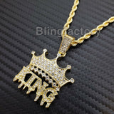 Hip Hop Iced out Lab Diamond Crowned KING Drip Pendant & 24" Rope Chain Necklace