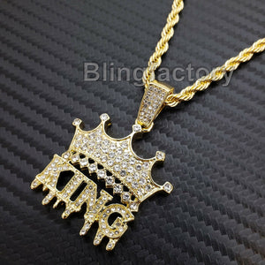 Hip Hop Iced out Lab Diamond Crowned KING Drip Pendant & 24