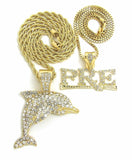 Hip Hop Iced Out Dolphin, PRE Pendant & 24" Box, 4mm 30" Rope Chain Necklace Set