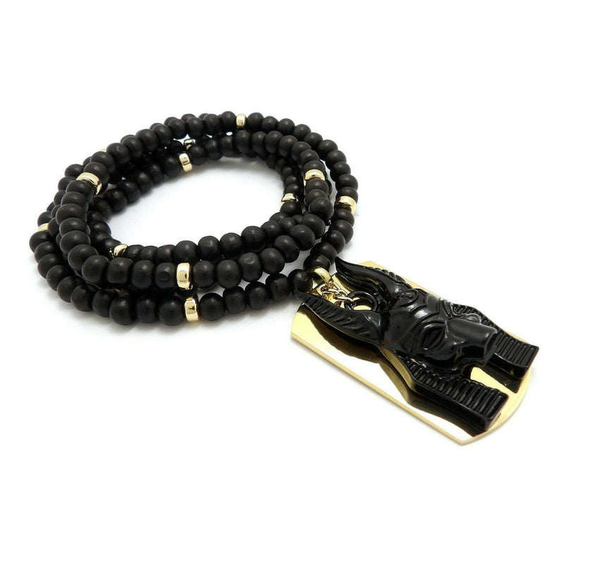 Hip Hop Egyptian Black Anubis & Dog Tag Pendant & 6mm 30" Wooden Bead Necklace
