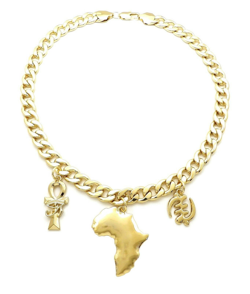 NEFERTITI, ANKH, AFRICA, GYE NYAME & 11mm 20" Cuban Link Choker Chain Necklace