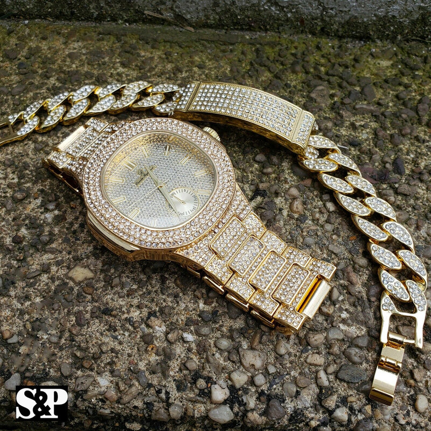 MEN'S HIP HOP GOLD PT BLING LAB DIAMOND WATCH & FULL ICED BRACELET COMBO SET