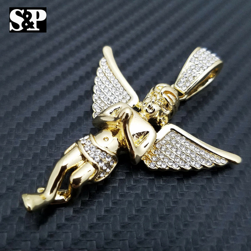 HIP HOP ICED OUT RAPPER STYLE LAB DIAMOND 14K GOLD PLATED BABY ANGEL PENDANT