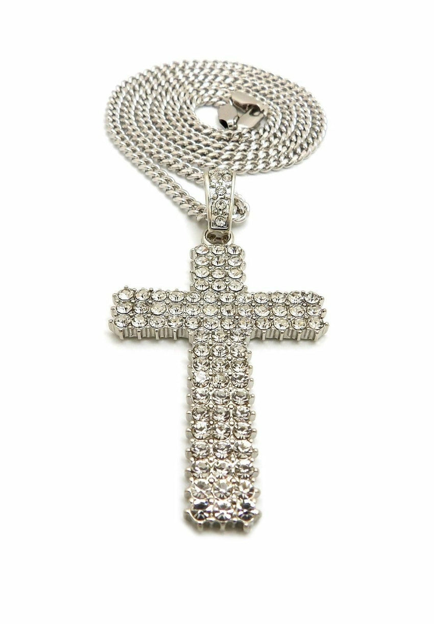 Hip Hop Full Iced Shiny Cross Pendant & 24" Box, Cuban, Rope Chain Necklace