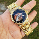 MEN ICED OUT GOLD PLATED TIGER DIAL GOLDEN NUGGET WATCH & NECKLACE COMBO SET