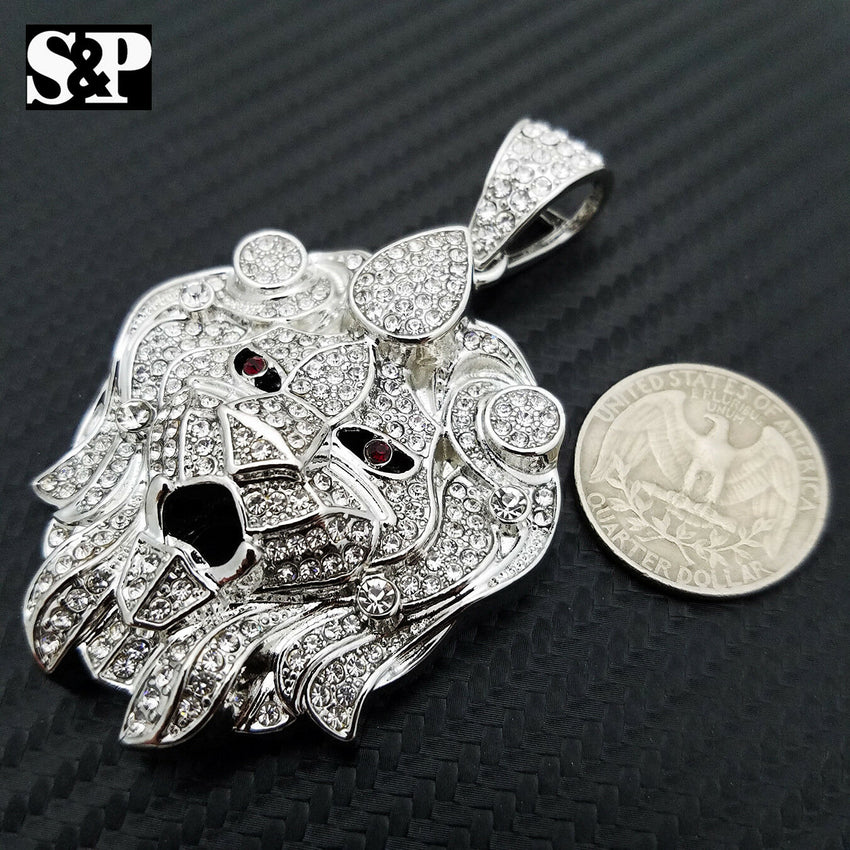 Silver PT Big Lion Head Pendant & 10mm 30" Cuban Heavy Chain Hip Hop Necklace