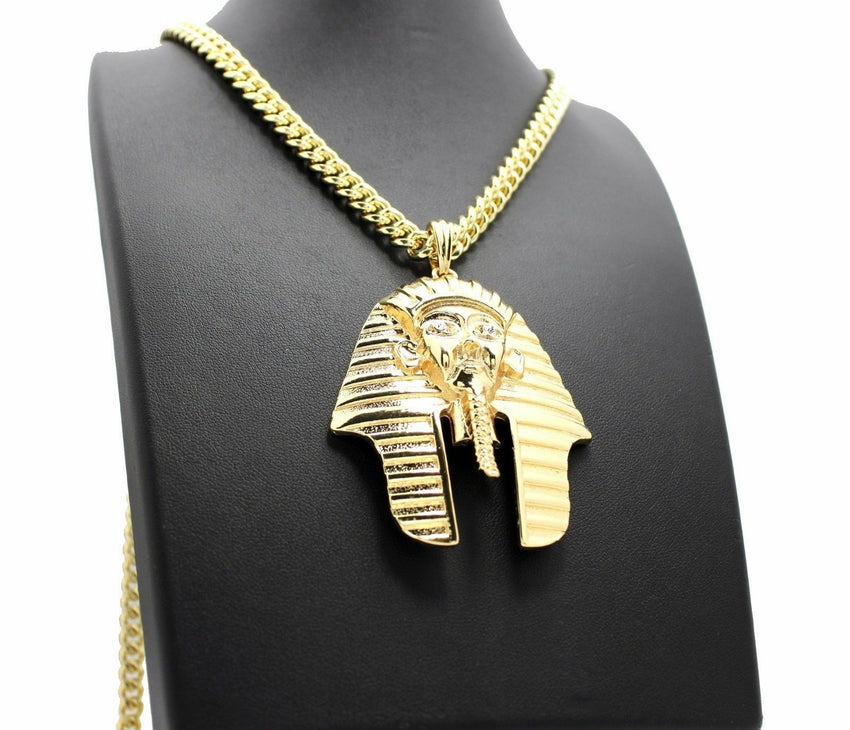 14K Gold PT Egyptian Pharaoh King Tut Pendant W/ 6mm 30" Cuban Chain Necklace