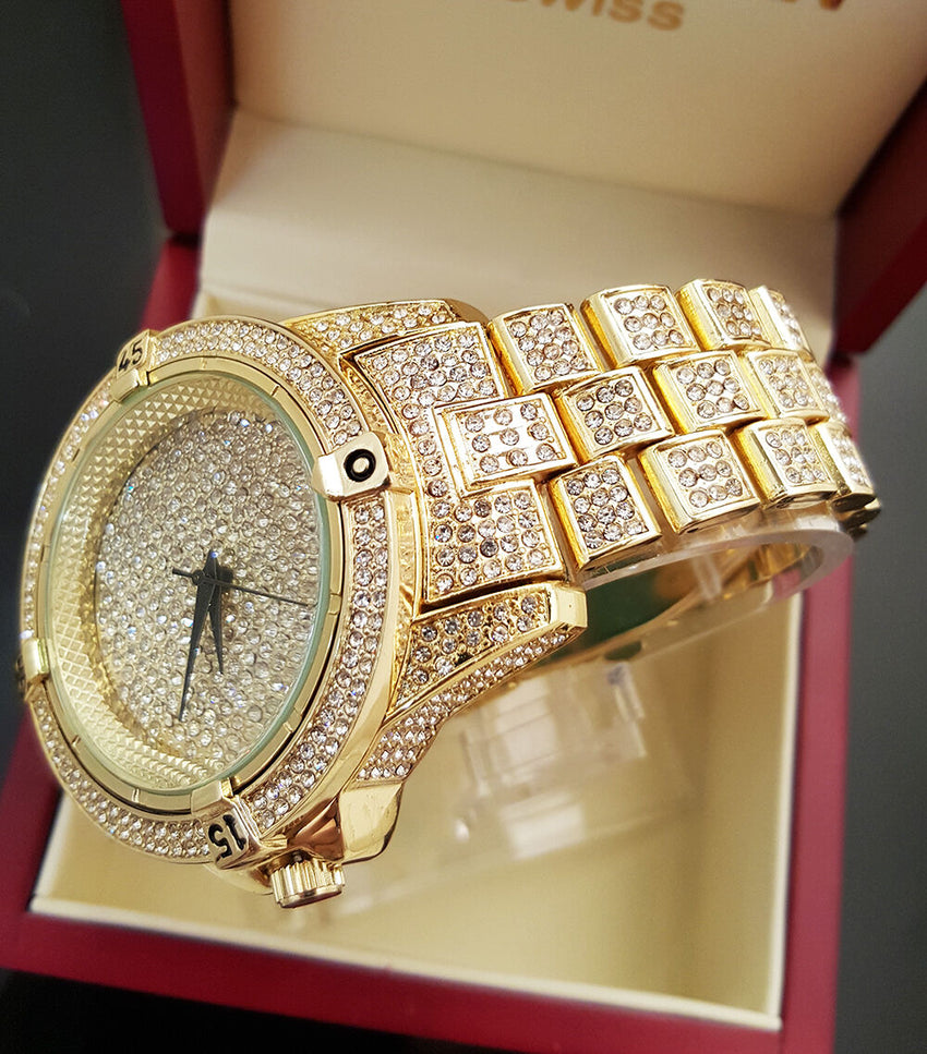 Mens Hip Hop Gold Plated Iced Out Techno Pave Bling Rapper's Metal Band Watch