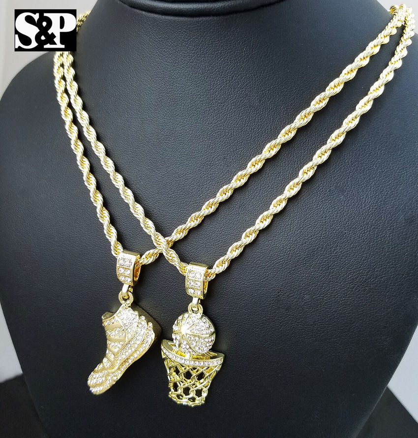 Hip Hop Iced Out JORDAN SHOE & BASKETBALL Pendant w/ 24" Chain 2 Necklace Set