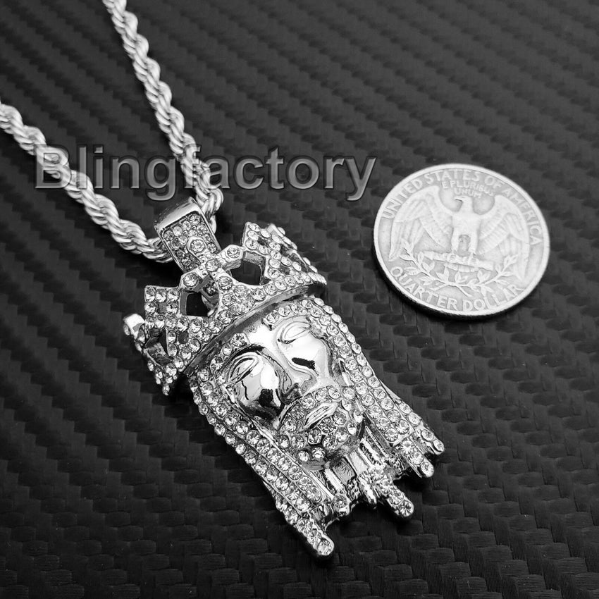 Hip Hop Iced out Lab Diamond Crowned Jesus Drip Pendant 24" Rope Chain Necklace
