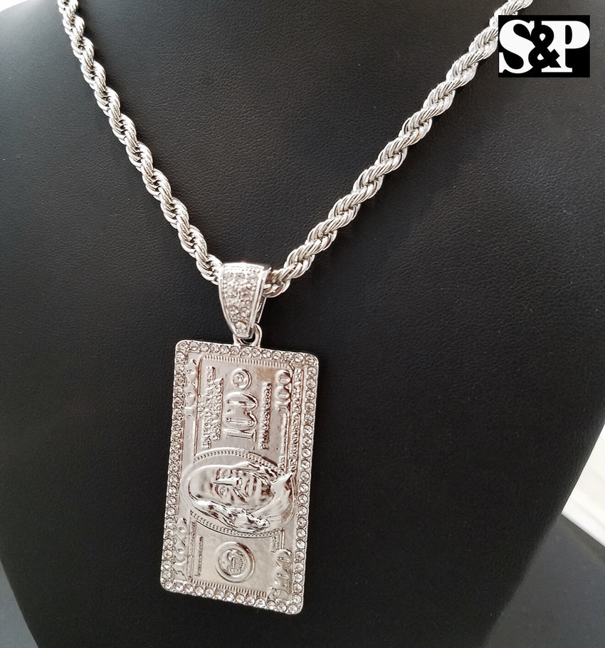 $100 Hundred Dollar Bill Benjamin Money Pendant & 5mm 30" Rope Chain Necklace