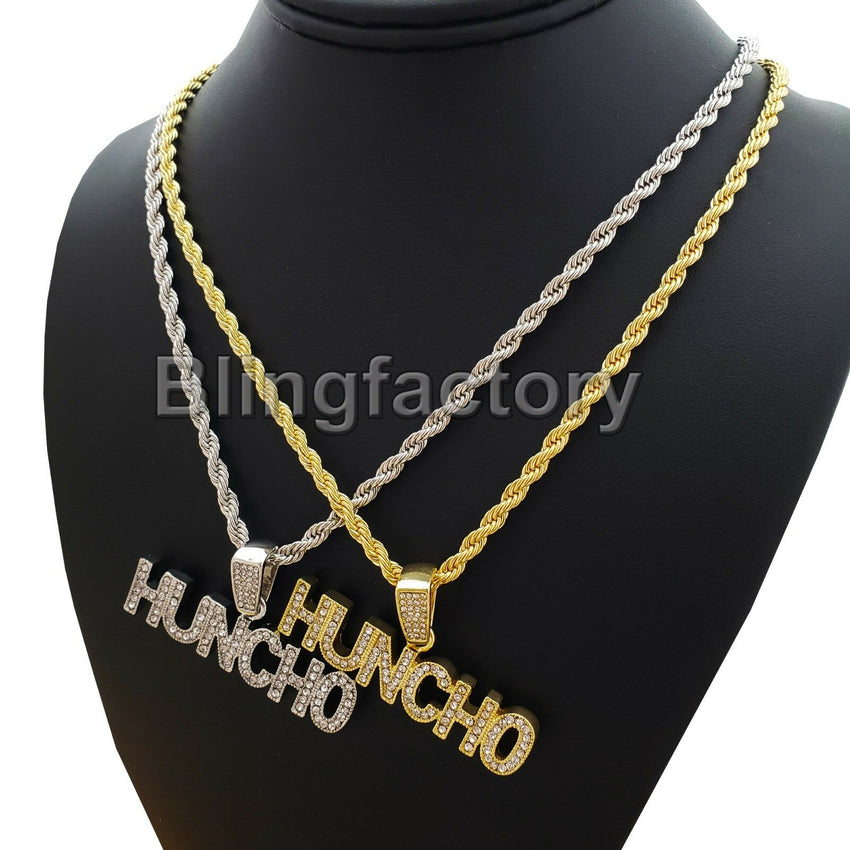 Hip Hop Iced out Lab Diamond HUNCHO Pendant & 4mm 24" Rope Chain Necklace