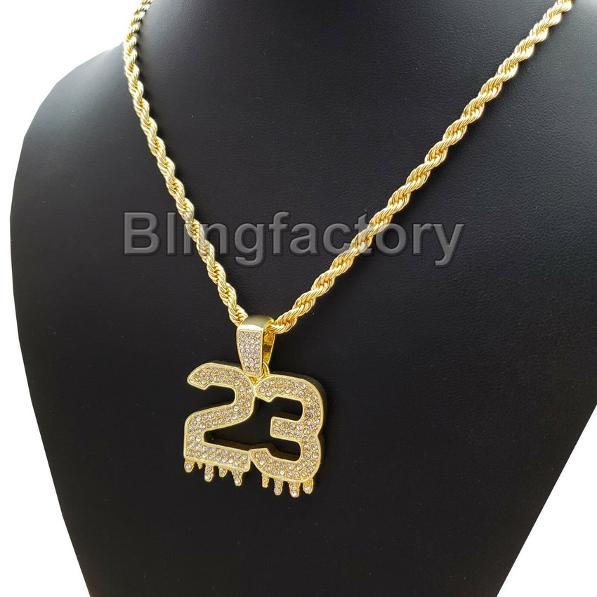 Hip Hop Iced out Lab Diamond Number 23 Drip Pendant, 4mm 24" Rope Chain Necklace