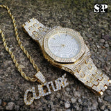Men's Hip Hop Iced Out Bling Lab Diamond Watch & "CULTURE" Necklace combo Set