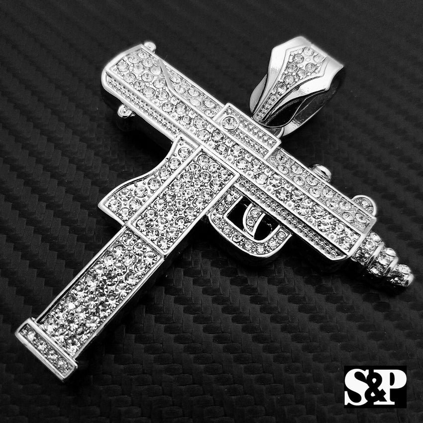 Hip Hop Rapper Iced Out Lab Diamond White Gold plated Large Machine Gun Pendant