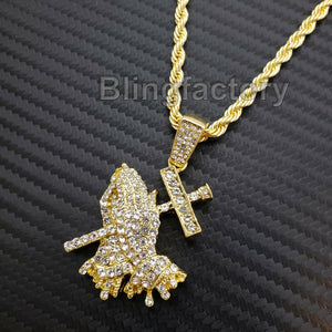 Hip Hop Iced Lab Diamond Prayer Hands Drip Pendant & 24