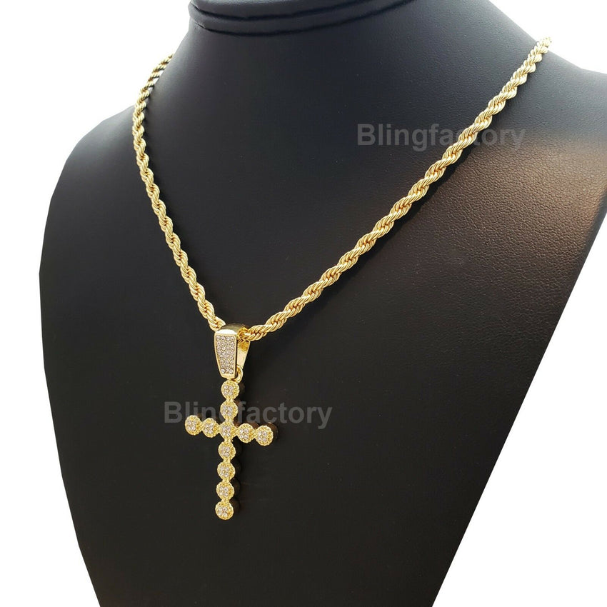 Hip Hop Iced out Bubble style Cross Pendant & 4mm 24" Rope Chain Necklace