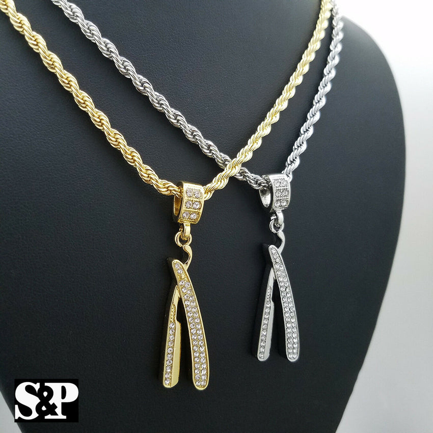 Iced out Fashion Barber Shop Razor Blade Pendant & 4mm 24" Rope Chain Necklace