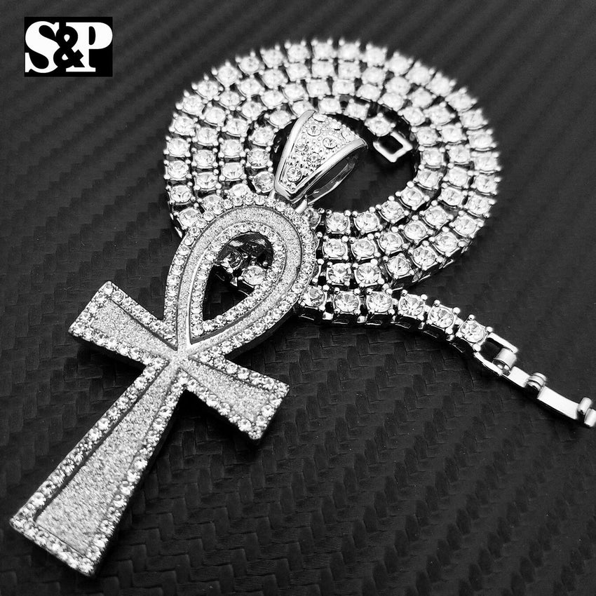 Ankh Cross Pendant & 18" Full Iced 1 Row Diamond Tennis Choker Hip Hop Chain Set