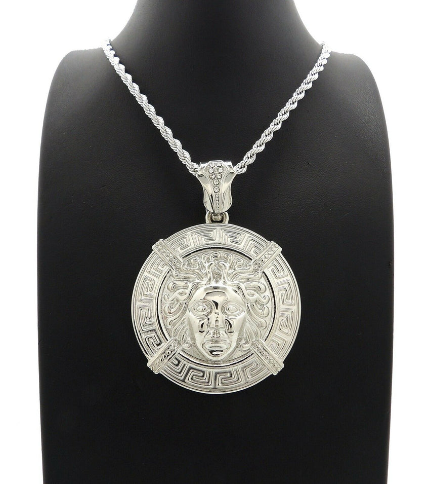 HIP HOP ICED OUT WHITE GOLD PLATED MEDUSA PENDANT & 4mm 24" ROPE CHAIN NECKLACE