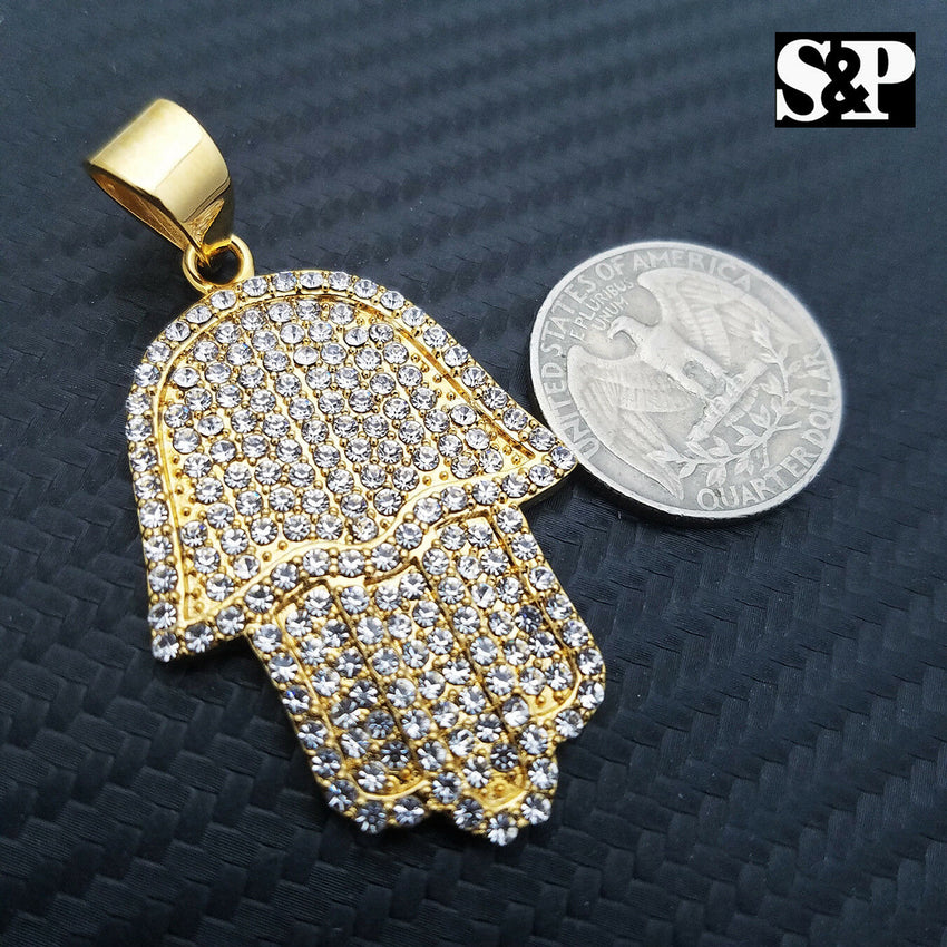 HIP HOP STAINLESS STEEL ICED OUT LAB DIAMOND GOLD PLATED HAMSA HAND PENDANT