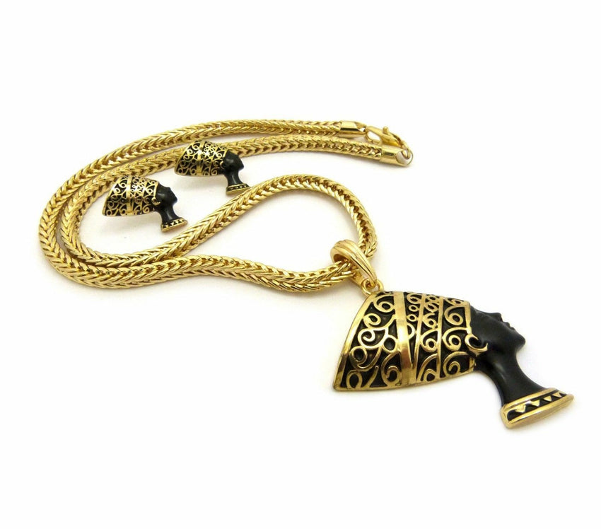 WOMEN'S NEFERTITI PENDANT & FRANCO CHAIN FASHION NECKLACE & EARRING COMBO SET