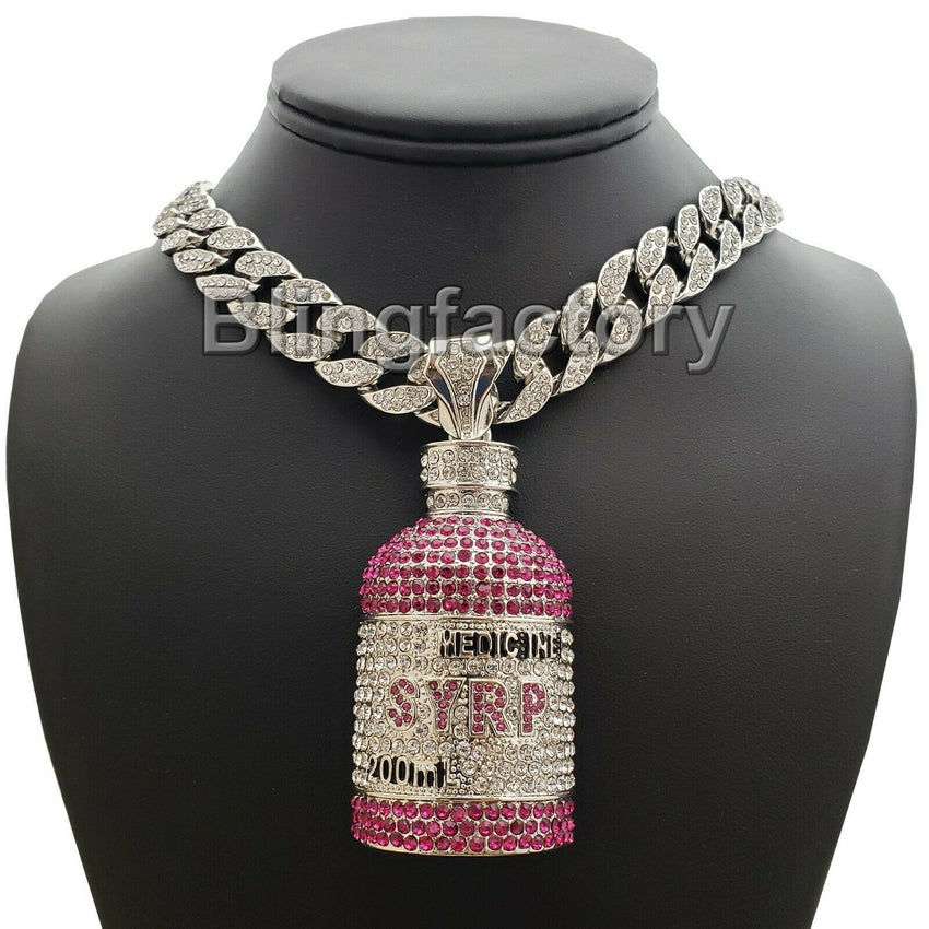 Hip Hop Lab Diamond Syrup Bottle Pendant & 18" Full Iced Cuban Choker Chain Necklace