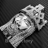 HIP HOP ICED SILVER PLATED BLING LAB DIAMOND LARGE KING JESUS HEAD PENDANT