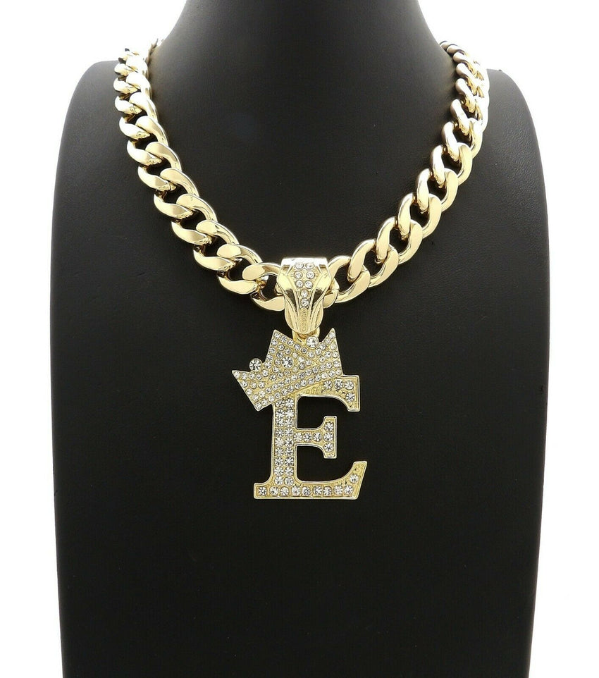Hip Hop Crowned Alphabet Initial Pendant & 11mm 20" Cuban Choker Chain Necklace